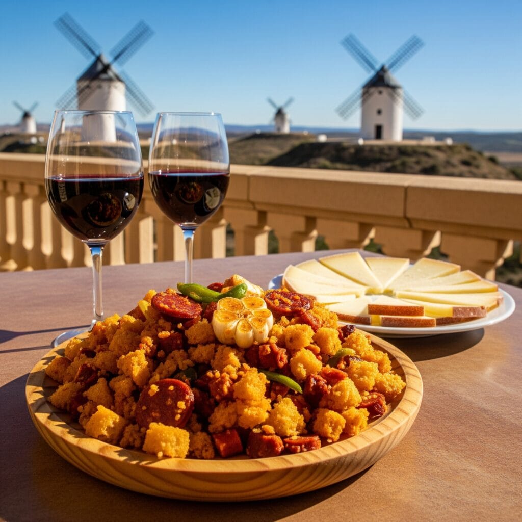 plato típico de migas manchegas, con vino tinto, queso manchego, y molinos de consuegra